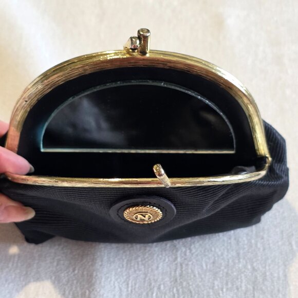 Vtg Nipon Black Micro Mini Clutch Coin Purse Mirror Gold Clam Ribbed 40s Minimal - Picture 6 of 9
